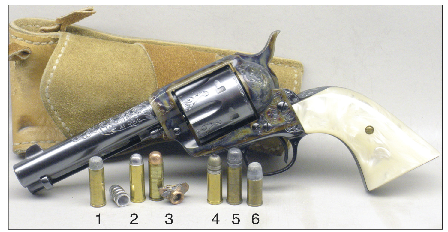 This engraved Colt .41 Colt was shipped from the factory in 1906 with nickel plating. Owing hard use and neglect, it was refurbished by Turnbull Restorations 100 years later. Cartridges include: (1) early Peters smokeless load with 200-grain inside-lubricated lead bullet, (2) handload with 200-grain inside-lubricated Colorado Custom hollowbase cast lead bullet, (3) Winchester factory “Long” case with Lubaloy hollowbase bullet next to the same bullet recovered from a bale of wet newsprint after penetrating two one gallon jugs of water, (4) and (5) handloads with 200-grain swage lead outside-lubricated bullet in .41 and .41 Long cases, and (6) U.S. Cartridge Co. .41 Short with 160-grain outside-lubricated lead bullet.